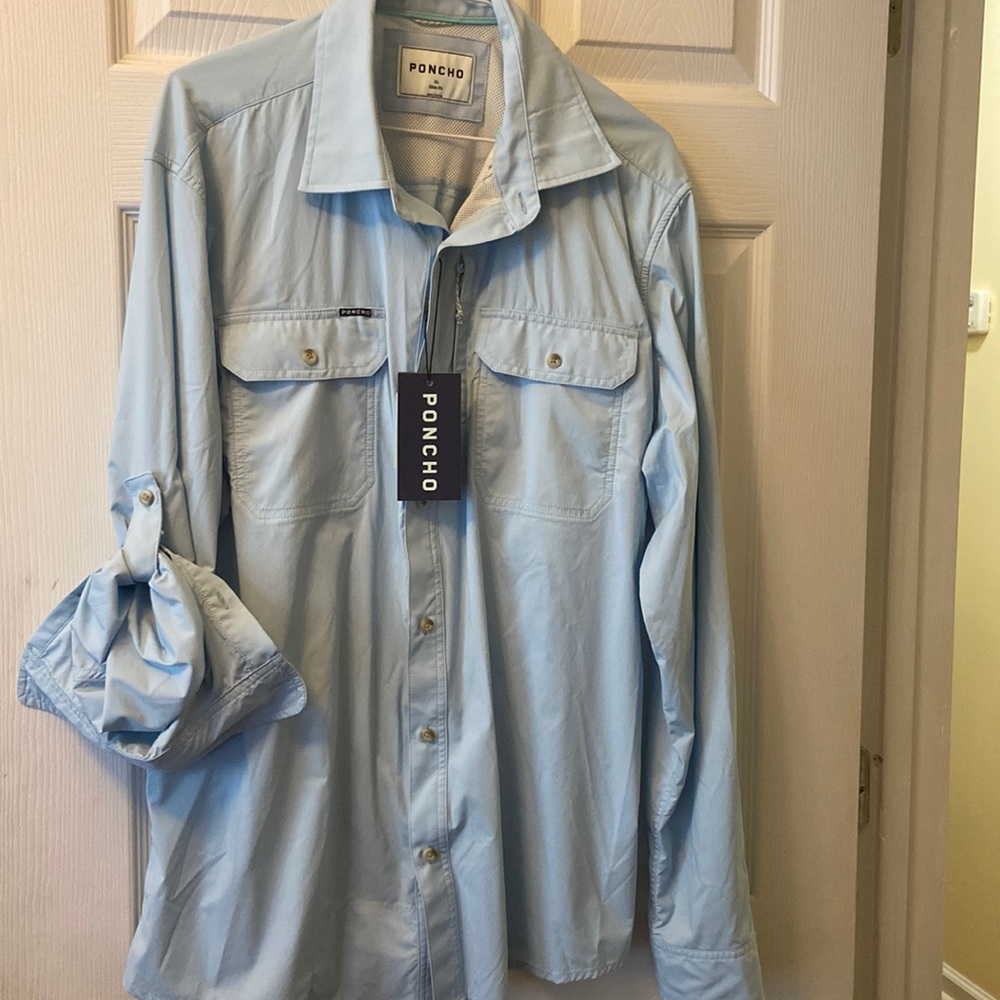 NWT! Mens PONCHO Slim Fit VENTED Adj Sleeve BLUE SHIRT ~ Size XL / X LARGE